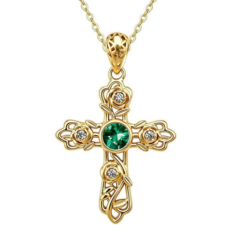 14K Gold Plated Round Cubic Zirconia Filigree Rose Cross Necklace for Women