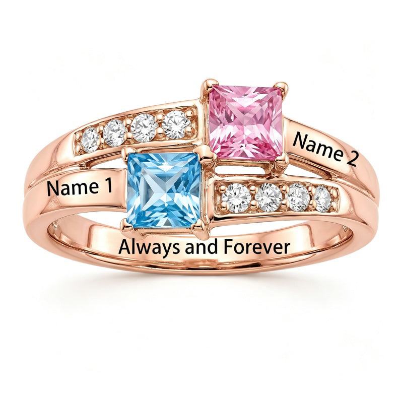 10K 14K 18K Gold Square Shaped Personalized 1-5 Birthstone  Family Mother's Ring Anniversary Ring for Women