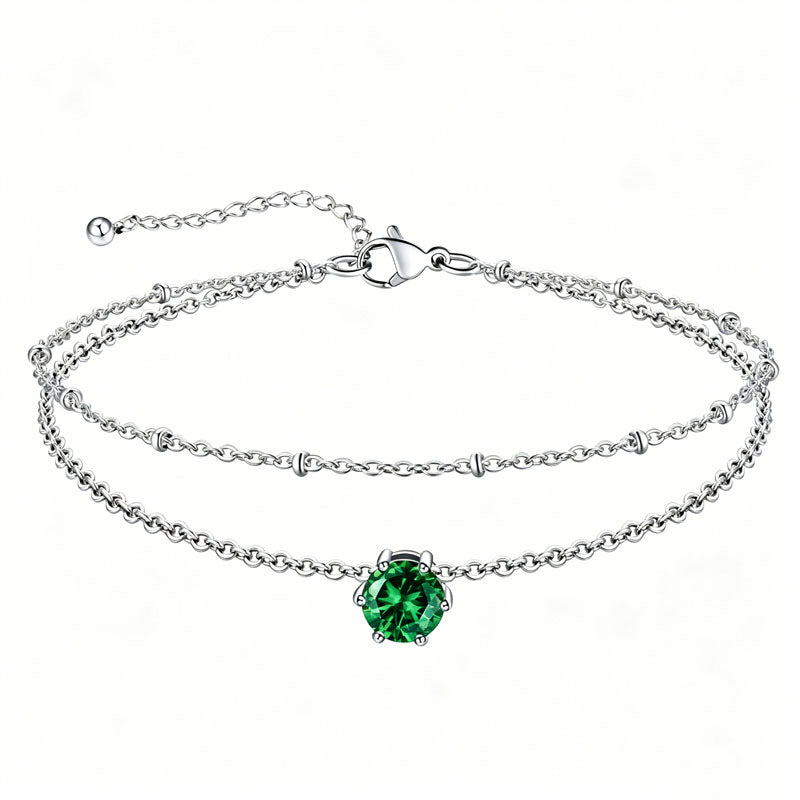 Sterling Silver  Round Birthstone Double Layer Charm Anklet