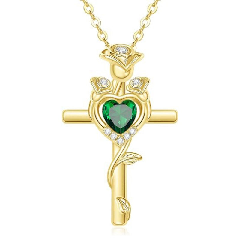 14K Gold Plated Birthstone Rose Cross Necklace for Women Faith Jewelry Gift