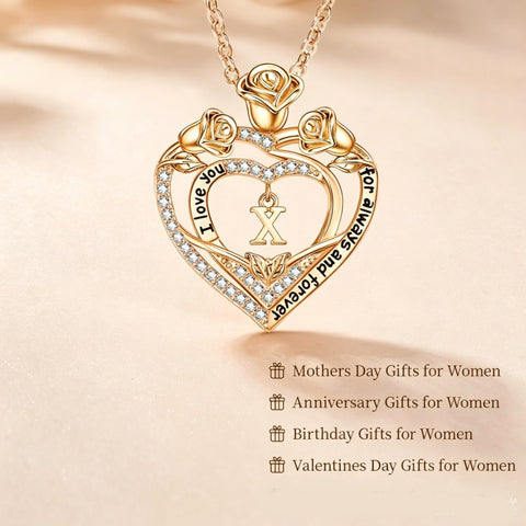 14K Gold Plated Rose Heart Initial Necklace Engraved with I Love You for Always and Forever  for Women