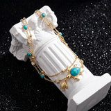 14K Gold Plated Turquoise Turtle Starfish Ocean Double Layered Anklet