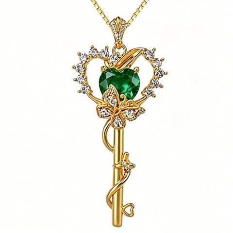 Birthstone Infinity Heart 14K Gold Plated Butterfly Key Pendant Necklace Gift for Her