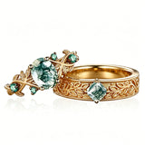 Sterling Silver 10K 14K 18K Gold Natural Leaf  Moss Agate Engagement Anniversary Couple Ring Sets