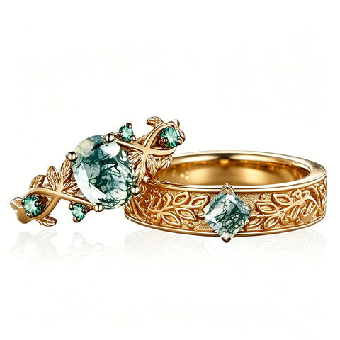 Sterling Silver 10K 14K 18K Gold Natural Leaf  Moss Agate Engagement Anniversary Couple Ring Sets