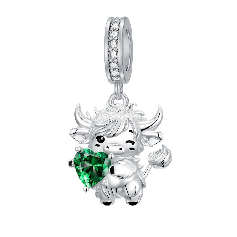 Sterling Silver 12 Month Birthstone Highland Cow Charm Beads