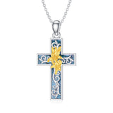 Sterling Silver Turquoise Personalized Engraved 12 Month Birth Flower Cross Pendant Necklace