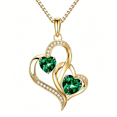 14K Gold Plated Double Heart Birthstone Necklace Anniversary Birthday Gifts