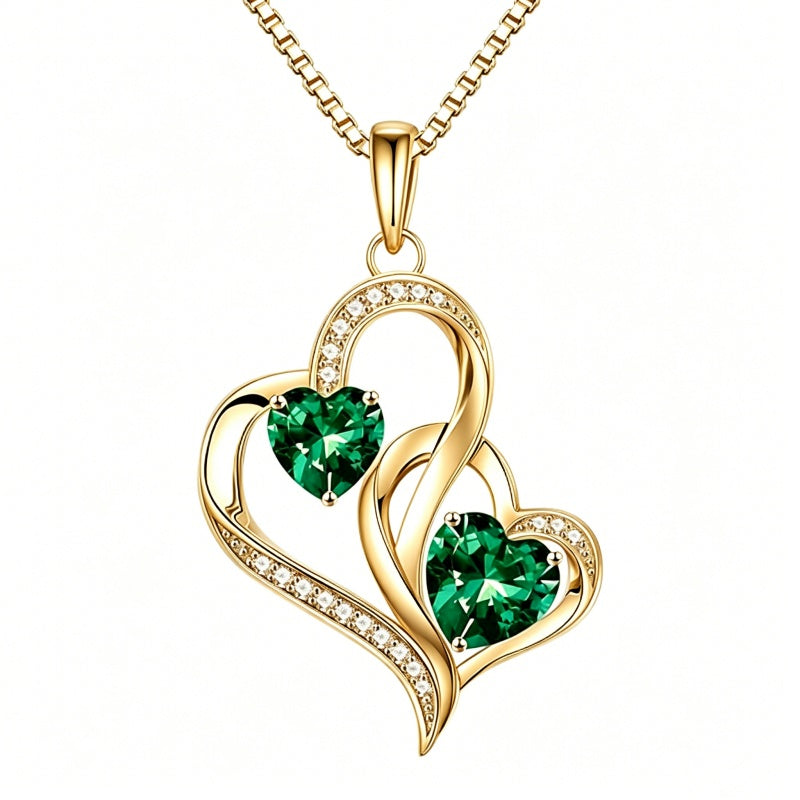 14K Gold Plated Double Heart Birthstone Necklace Anniversary Birthday Gifts