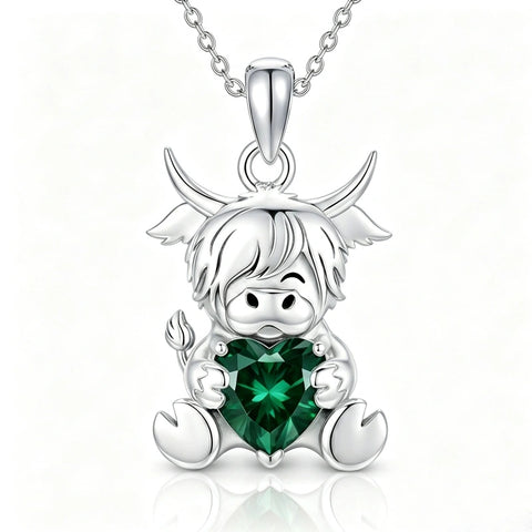 Sterling Silver Birthstone Highland Cow Pendant Necklace Birthday Christmas Gift