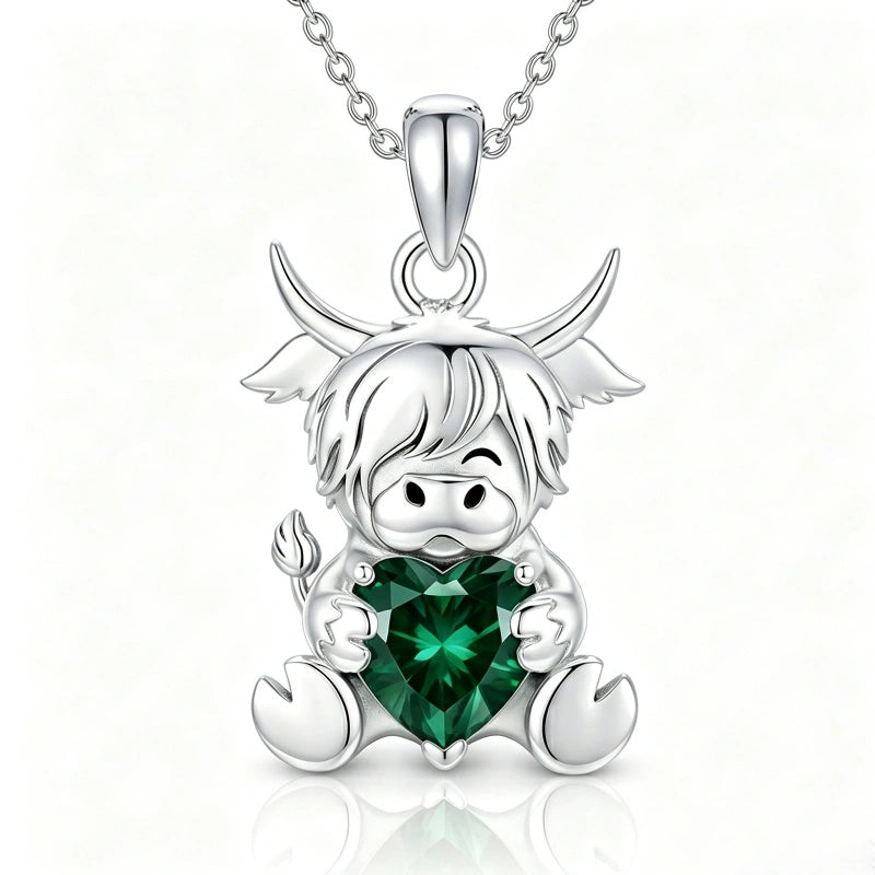 Sterling Silver Birthstone Highland Cow Pendant Necklace Birthday Christmas Gift