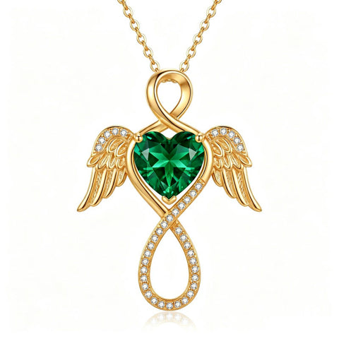 14K Gold Plated 12-Month Birthstone Infinity Angel Wings Pendant Necklace for Women