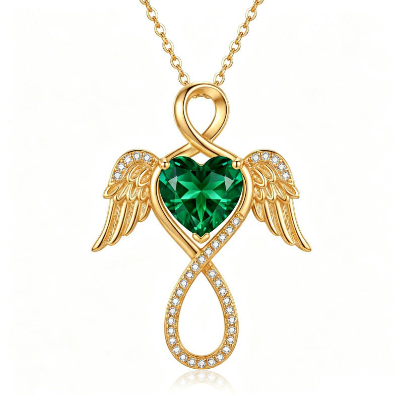 14K Gold Plated 12-Month Birthstone Infinity Angel Wings Pendant Necklace for Women