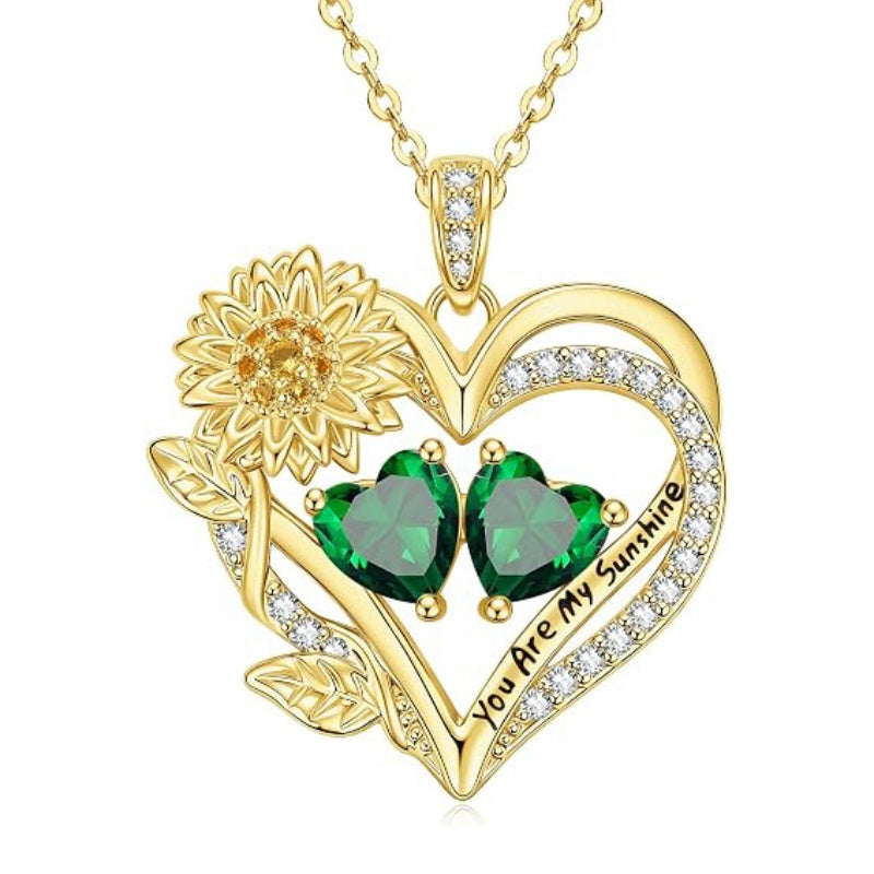 14K Gold  Plated Double Birthstone Heart Sunflower Necklace for Women