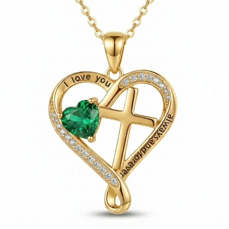 14K Gold Plated Heart  Birthstone Cross Necklace Engraved with I Love You Always and Forever