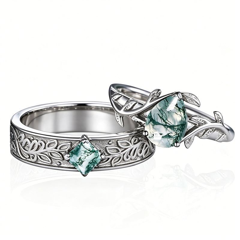 Sterling Silver 10K 14K 18K Gold Natural Leaf  Moss Agate Engagement Anniversary Couple Ring Sets