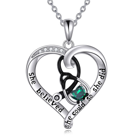 10K 14K 18K Gold Birthstone Caduceus & Stethoscope Pendant Necklace