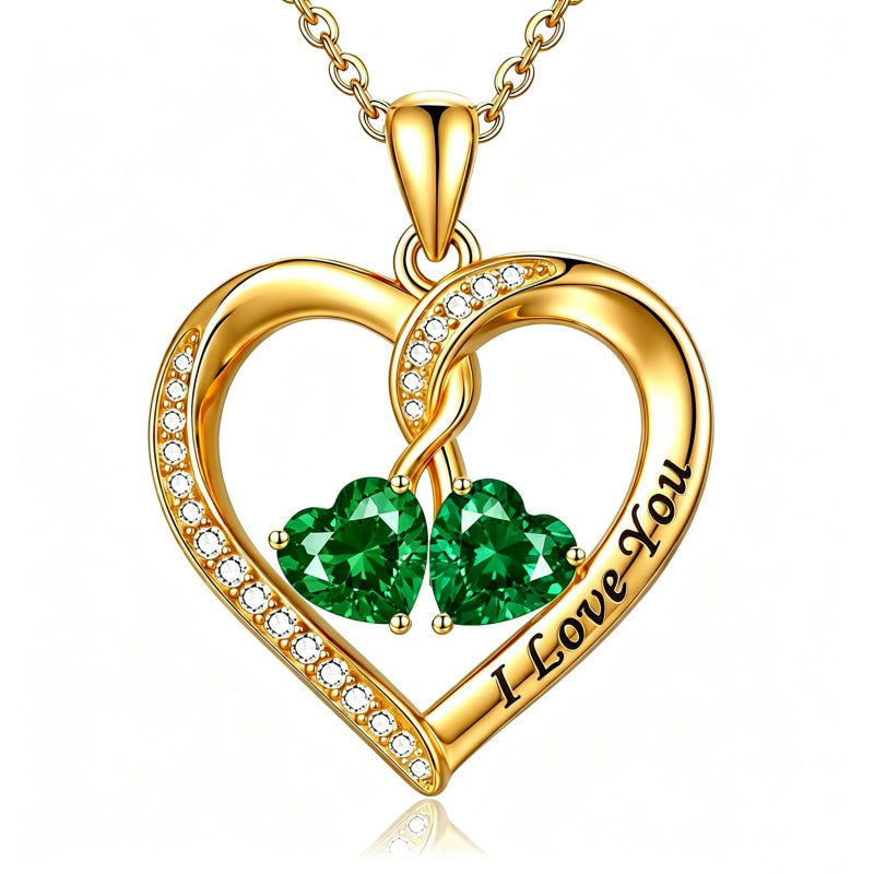 14K Gold Plated Double Heart Birthstone Rose Pendant Necklace for Women