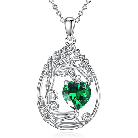 Sterling Silver Birthstone Teardrop Tree of Life Pendant Necklace