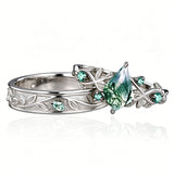 Sterling Silver 10K 14K 18K Gold Natural Leaf  Moss Agate Engagement Anniversary Couple Ring Sets