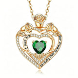 14K Gold Plated Rose Heart Birthstone Necklace for Women Engraved with I Love You for Always and Forever
