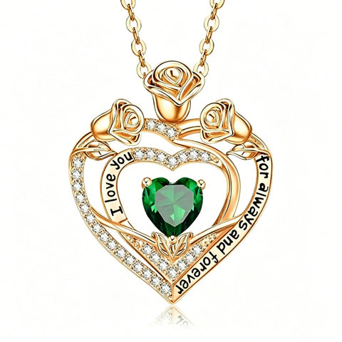 14K Gold Plated Rose Heart Birthstone Necklace for Women Engraved with I Love You for Always and Forever