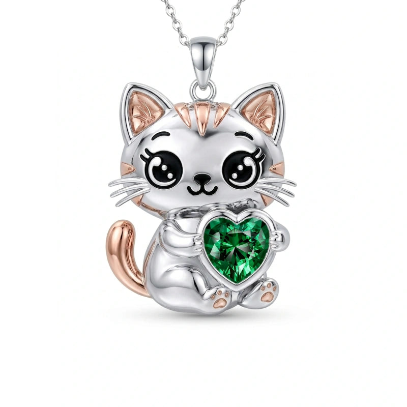 Sterling Silver 12 Month Birthstone Cat Pendant Necklace Birthstone Jewelry Gifts for Birthday