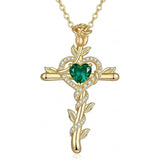 14K Gold Plated Heart Birthstone Rose Cross  Pendant Necklace  Religious Christian Jewelry for Women