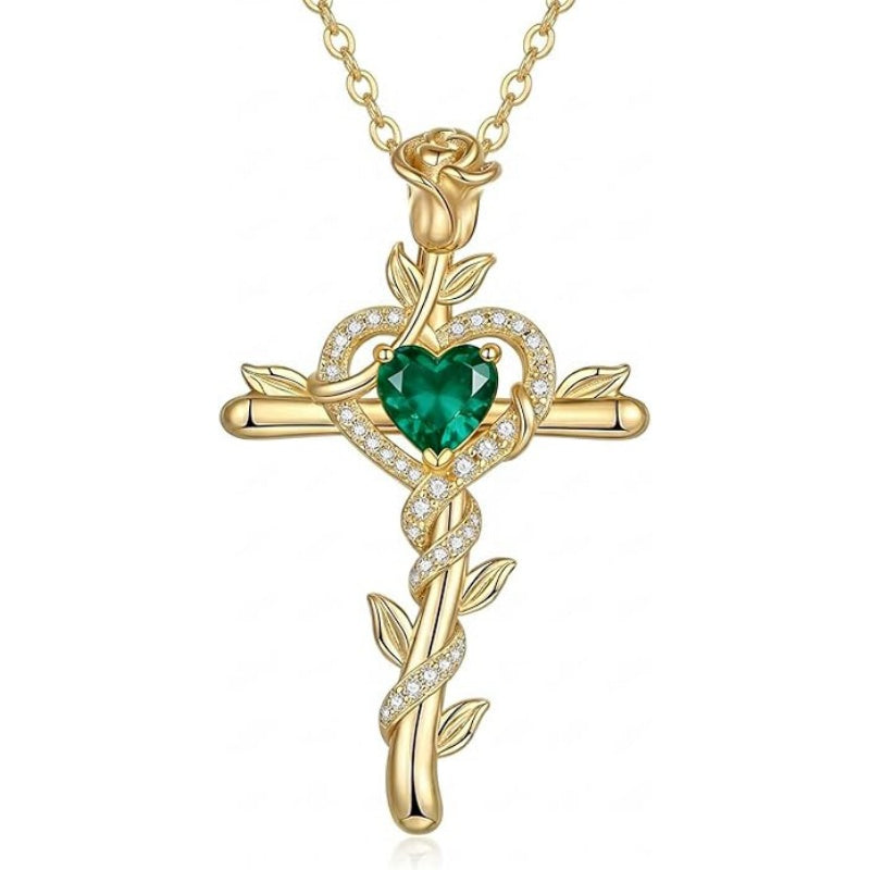 14K Gold Plated Heart Birthstone Rose Cross  Pendant Necklace  Religious Christian Jewelry for Women