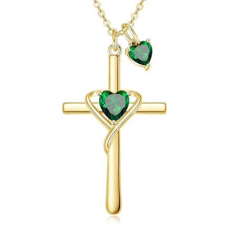 14K Gold Plated Birthstone Rose Cross Necklace for Women Faith Jewelry Gift