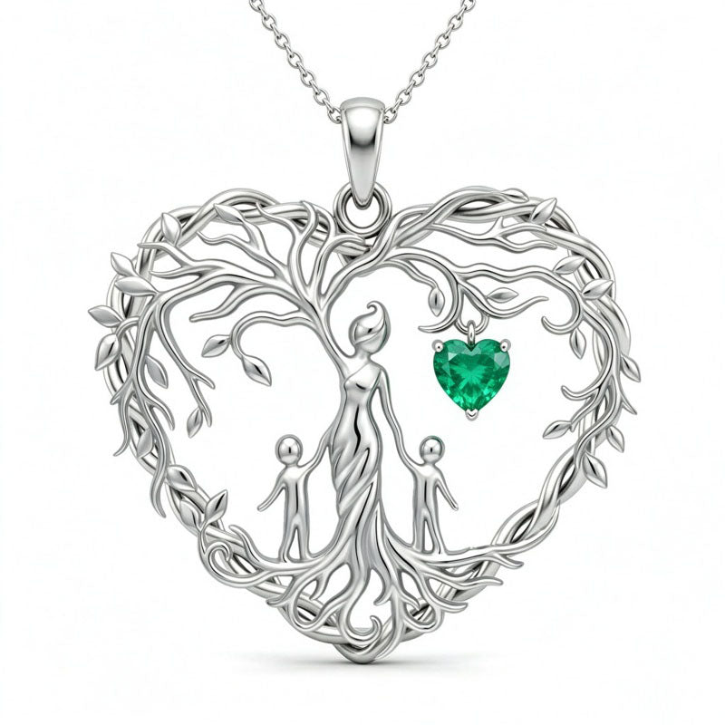 Sterling Silver Heart Pendant Birthstone Tree of Life Mother Child Family Necklace