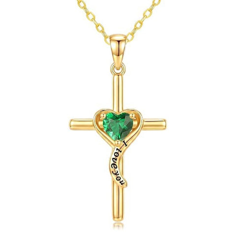 14K Gold Plated Dainty Heart Birthstone Pendant Cross Necklace for Women Religious Gift