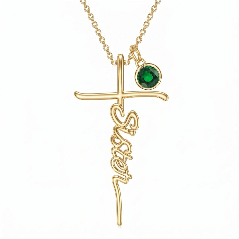 14K Gold Plated Birthstone Sister Cross  Pendant Necklace