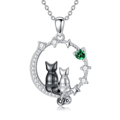 Sterling Silver Cubic Zirconia Two Cats Pendant Necklace
