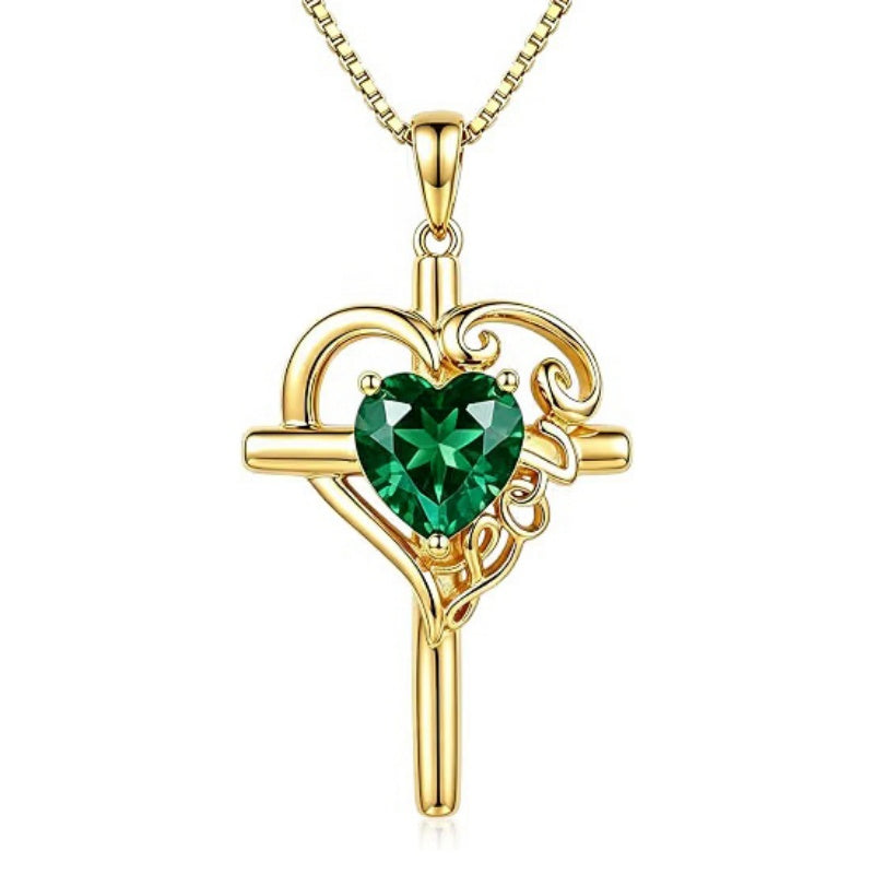 14K Gold  Plated Heart Shape Birthstone  Love Cross Necklace for Women Religious Jewelry