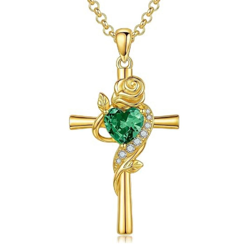 14K Gold Plated Birthstone Rose Cross Necklace for Women Faith Jewelry Gift