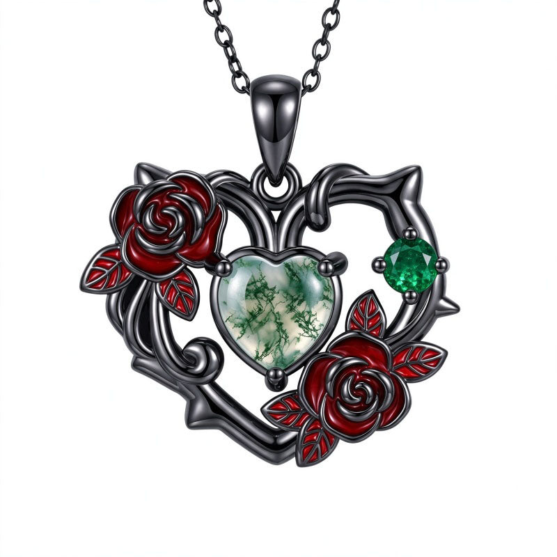 Sterling Silver Black Heart Skeleton Birthstone Necklace With Engraved Halloween Gift