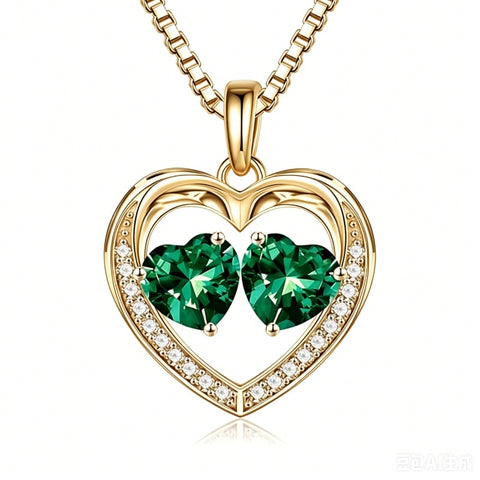 14K Gold Plated Double Heart Birthstone Necklace Anniversary Birthday Gifts for Women