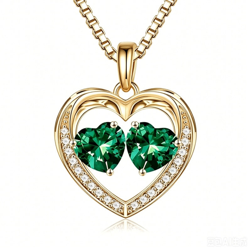 14K Gold Plated Double Heart Birthstone Necklace Anniversary Birthday Gifts for Women