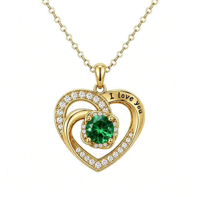 14K Gold Plated  Birthstone Heart Pendant  Necklace for Women Engraved with  I Love You