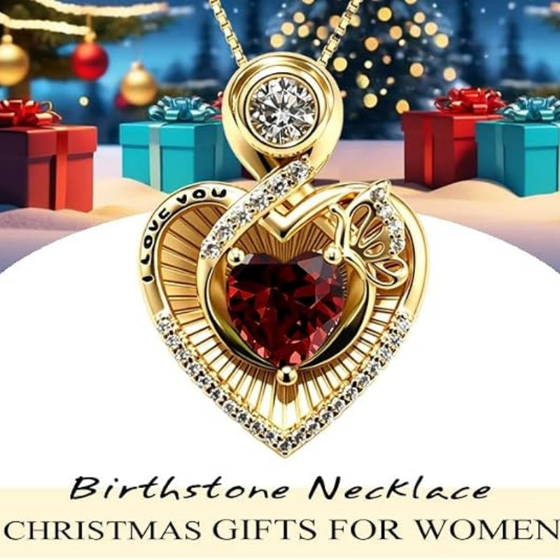 14K Gold Plated  Heart Birthstone Butterfly Necklace Engraved with  I Love You