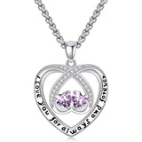 Sterling Silver Double Heart Birthstone Pendant Necklace Engraved with I Love You for Always and Forever