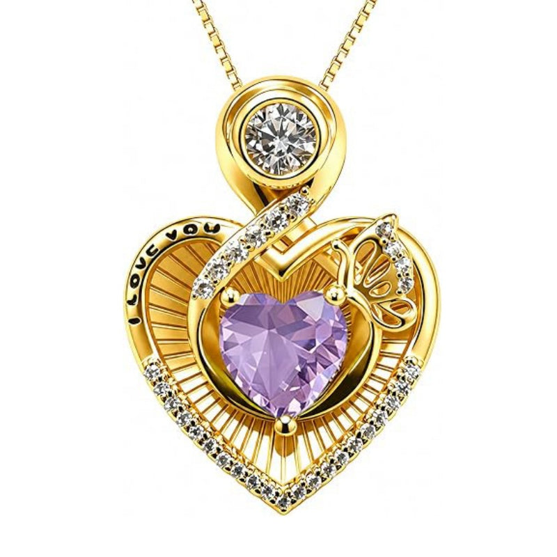 14K Gold Plated  Heart Birthstone Butterfly Necklace Engraved with  I Love You