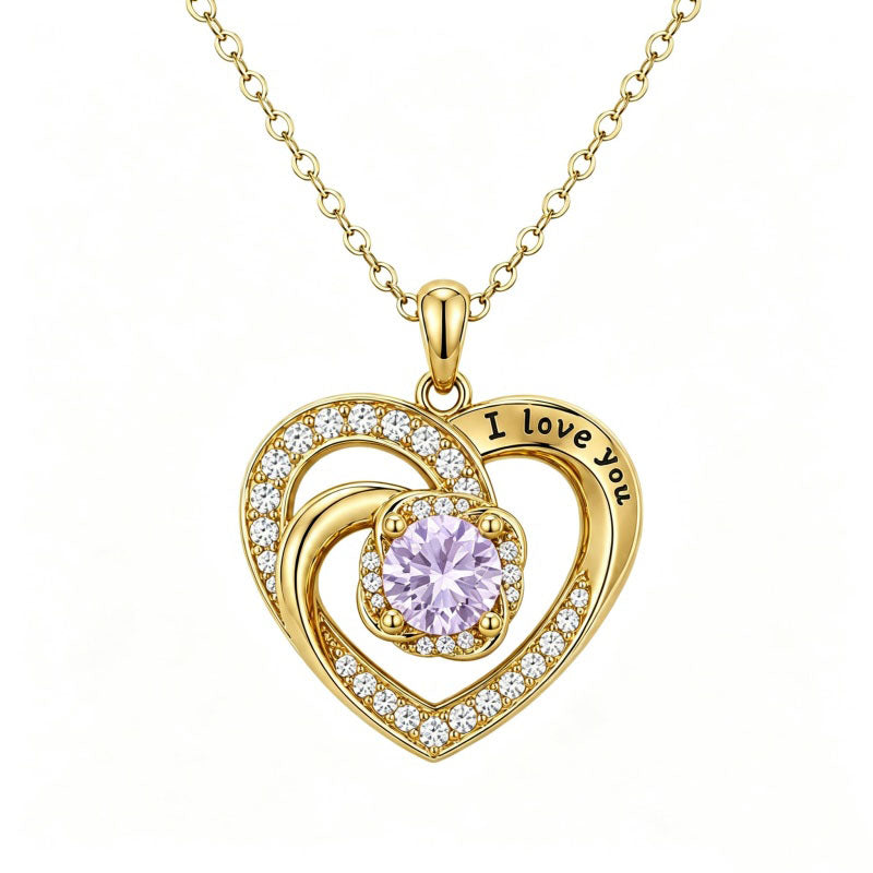 14K Gold Plated  Birthstone Heart Pendant  Necklace for Women Engraved with  I Love You