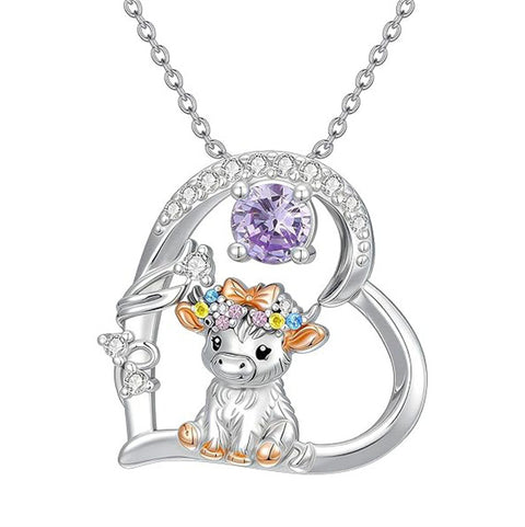 Sterling Silver Round Heart Birthstone Highland Cow Pendant Necklace Fluffy Cow Jewelry Gifts Birthday Christmas
