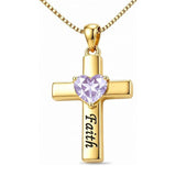 14K Gold Plated Heart Birthstone Cross Necklace for Women Engraved with Faith