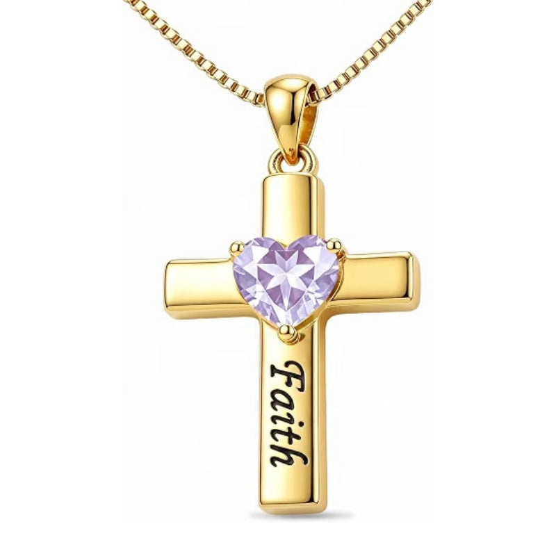 14K Gold Plated Heart Birthstone Cross Necklace for Women Engraved with Faith