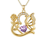 14K Gold Plated Heart Birthstone Rose Mom Butterfly Pendant Necklace for Women