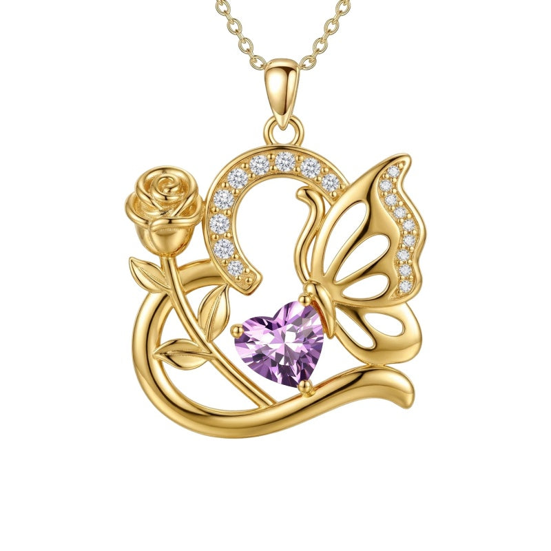 14K Gold Plated Heart Birthstone Rose Mom Butterfly Pendant Necklace for Women