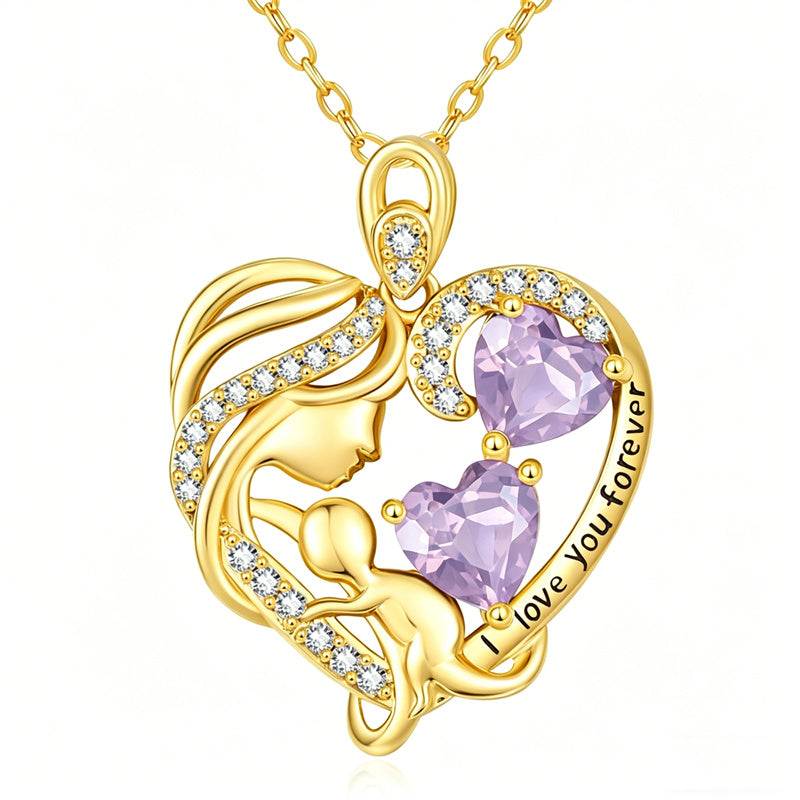 10K 14K 18K Gold Double Birthstone Heart Mother Son/Daughter Pendant Necklace for Mom